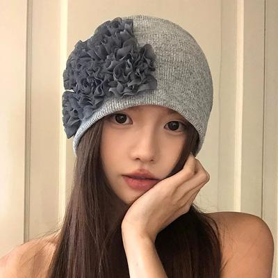 Chapéu de Flor Japonesa Feminino Fino Respirável de Lã Mostrando o Rosto Pequeno Chapéu Baotou Circunferência da Cabeça Grande Chapéu de Tricô Frio Inverno