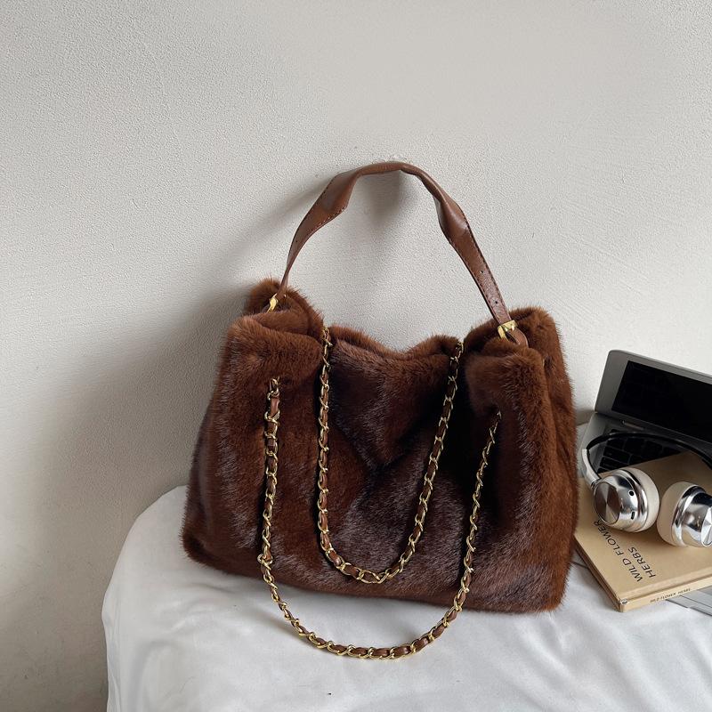 Pluizige Pluche Schoudertas Winter Nepbont Tassen voor Vrouwen Tote Ontwerper Handtassen Kettingen Shopper Portemonnees Crossbody Tas Emmer Tassen gray