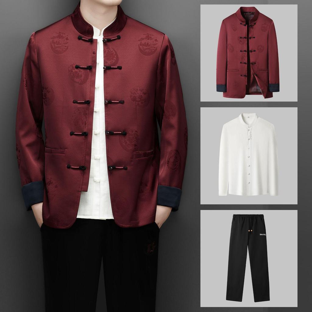 Men's 2025 Autumn/Winter Chinese Style Two-Piece Set: Middle-Aged Stand-Up Collar Tang Suit Jacket & Casual Zhongshan Suit