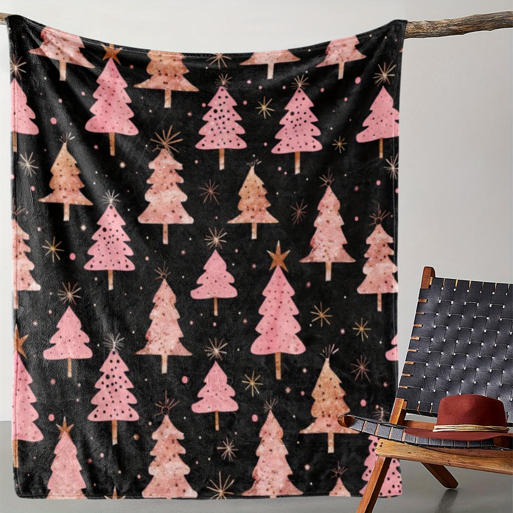 Vintage Pink Christmas Tree Print Flannel Throw Blanket - Cozy Soft Warm Multipurpose Polyester Knitted Blanket for Sofa, Bed,