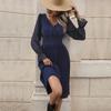 YYFS Women's Fashion Spring Autumn Solid Color Print Long Sleeve V-Neck Middle Waistline Casual Dresses