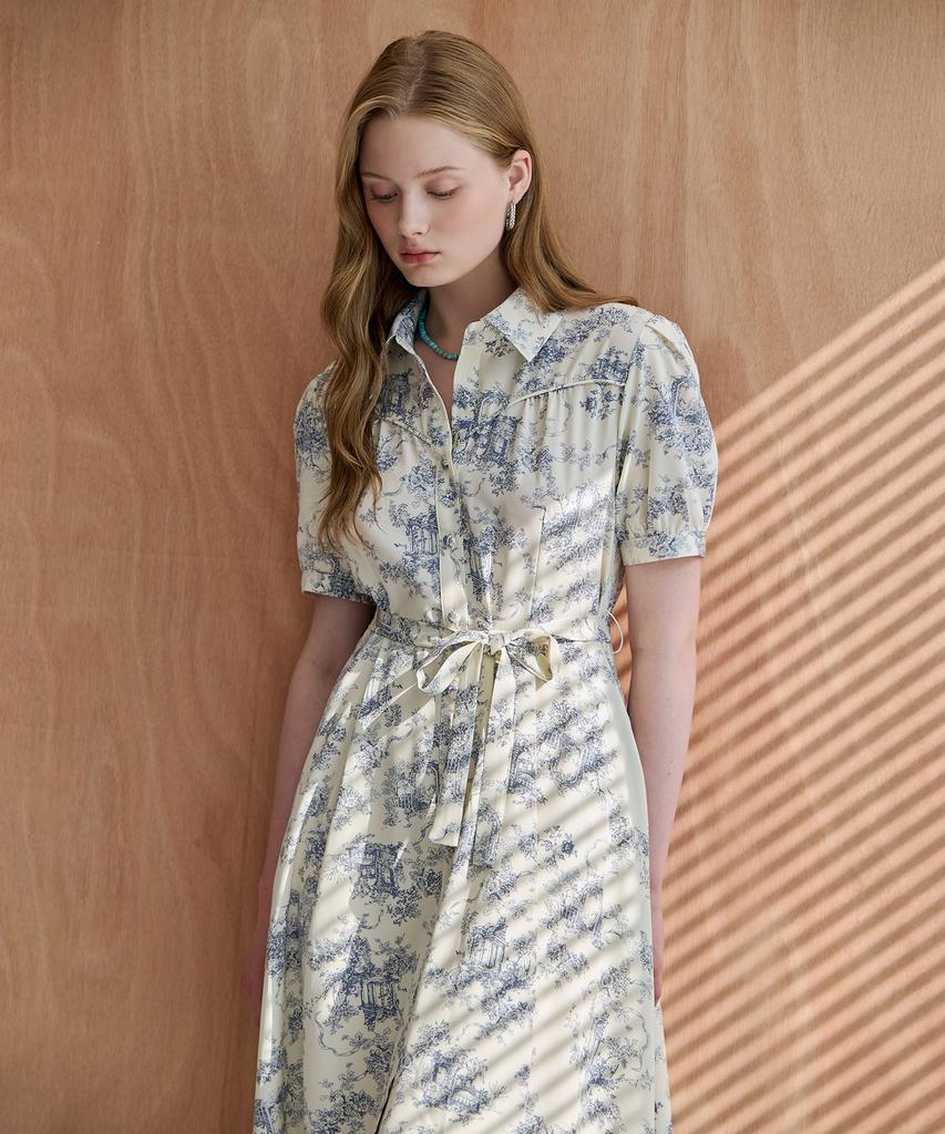 MAXZA Classic Drawing Belted Shirt Long Dress