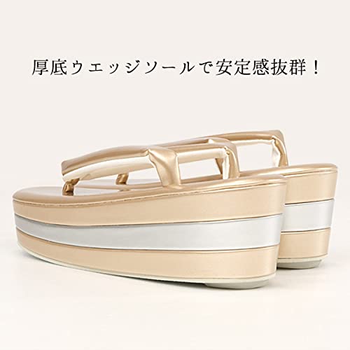 Kyoto Kimono Yuzen Women's Formal Sandals, Thick-Soled, Three-Tier Platform, Champagne Gold Enamel (L, One Size Fits Most, 22.5cm-24cm)