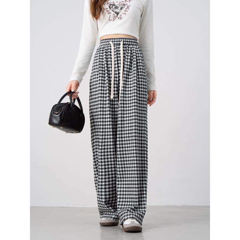 

Новый продукт, весенне-летняя женская одежда, брюки прямого кроя с широкими штанинами на резинке и кулиске, повседневные брюки в мелкую клетку. L