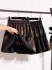 Plus Size High-Waisted PU Leather A-Line Layered Mini Skirt Pants for Spring/Autumn - Fluffy, Anti-Exposure, Slimming