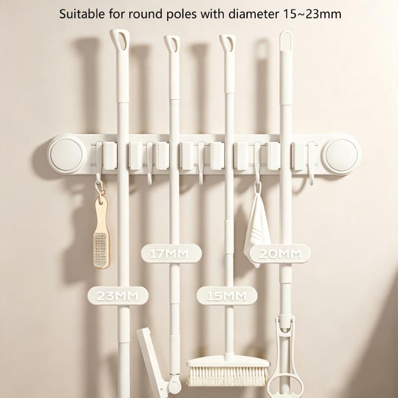 Sliding Rail Cleaning Tool Holder, Wall-Mounted Suction Rack with Integrated Hanging Feature for Mops, Glass and Smooth Tile