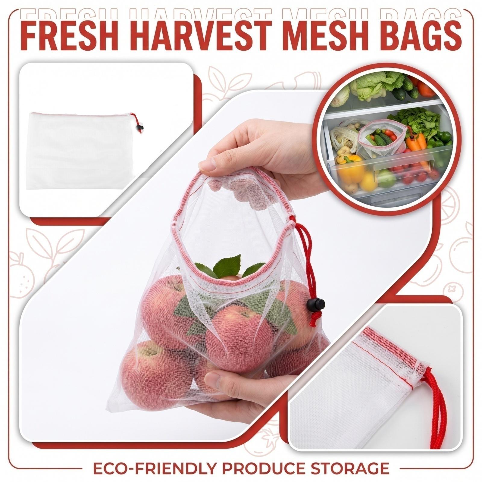 Reusable Mesh Produce Bags Polyester Drawstring Storage Bags for Fruits Vegetables Lightweight Breathable Mesh Bags for Grocery Shopping and Storage One Size красный