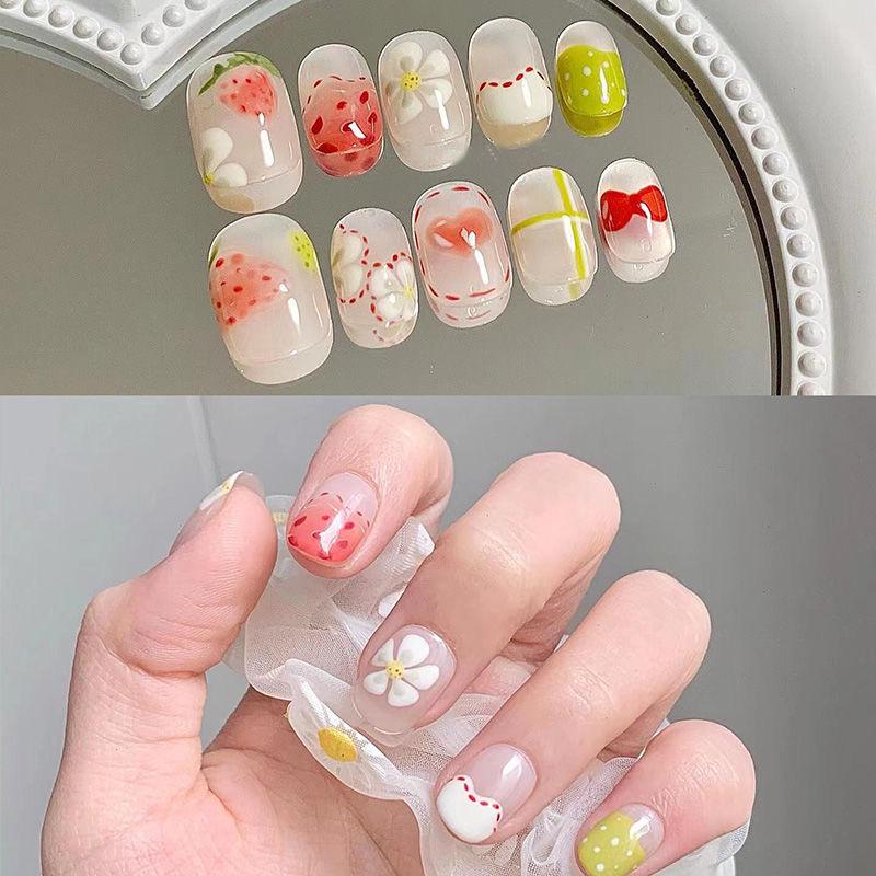 

Sweet Girl Pink Strawberry Press-On Nails: Hand-Painted Spring/Summer Short Nail Art Patches.