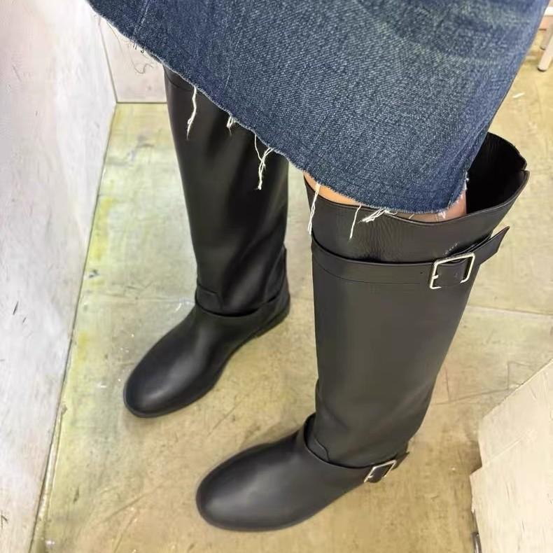 New round head belt buckle high boots women's versatile leather thick heel wide tube knight boots
