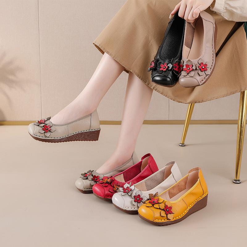 Shallow single shoes, genuine leather women's shoes, shoes and flowers, one pedal, Doudou round head thick sole, spring and autumn ethnic style