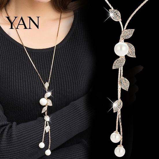 Exquisite Necklace Faux Pearl Tassel Leaves Pendant Accessories Sweater Chain Jewelry Gift for Women