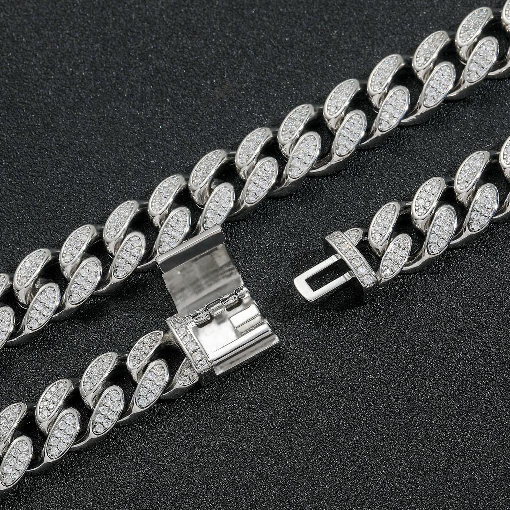 BES 12mm Wide Cuban Link Chain Bracelet Necklace Hip Hop Personality Trend Hip Hop Brass Zircon Miami Cuban Chain Jewelry
