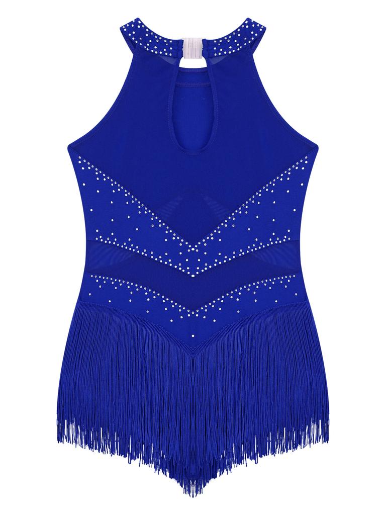 Kids Girls Latin Dance Dress Sequin Fringed Tango Salsa Cha Cha Ballroom Ballet Costume Splice Dancewear Tassel Bodysuit