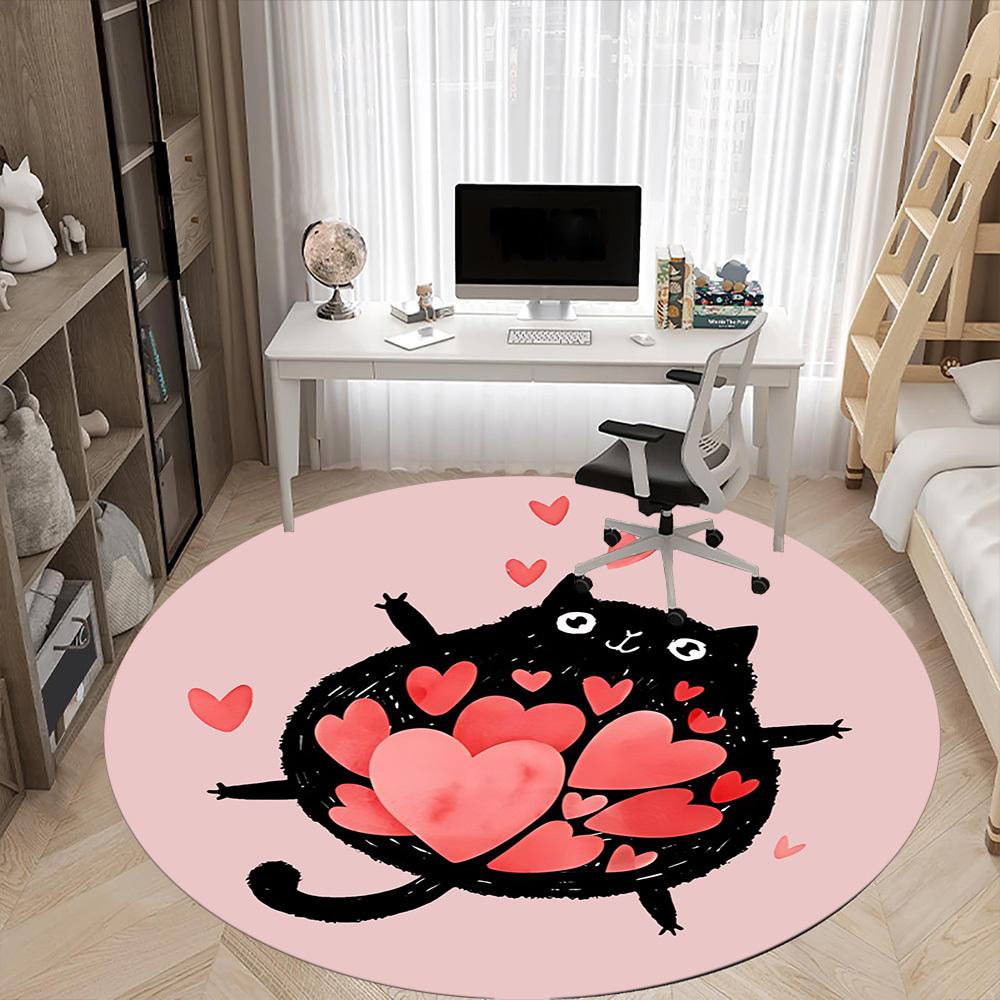 1pc Love Cat Office Round Area Rug, Indoor Mat Suitable For Office, Under Office Chairs Bedroom Living Room Home Decor, Room Deco 189