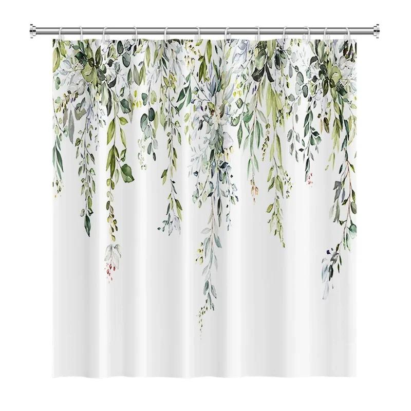 Green Eucalyptus Leaves Shower Curtains Watercolor Floral Waterproof Morden Bathroom Bathtub Curtain Room Decor With Hooks