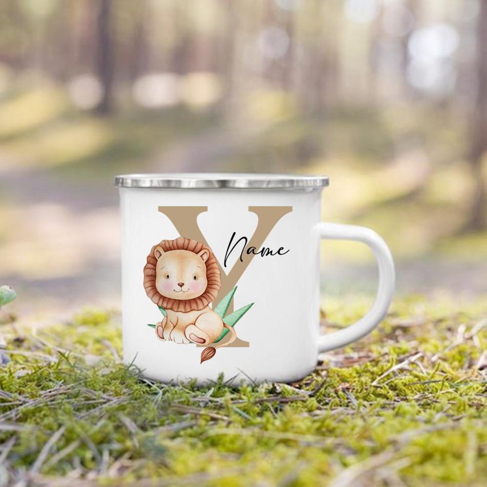Personalized Mug for Kids Custom Deer Lion Initial with Name Cup for Boys Girls Child Handle Mugs Birthday Festive Gifts for Kid