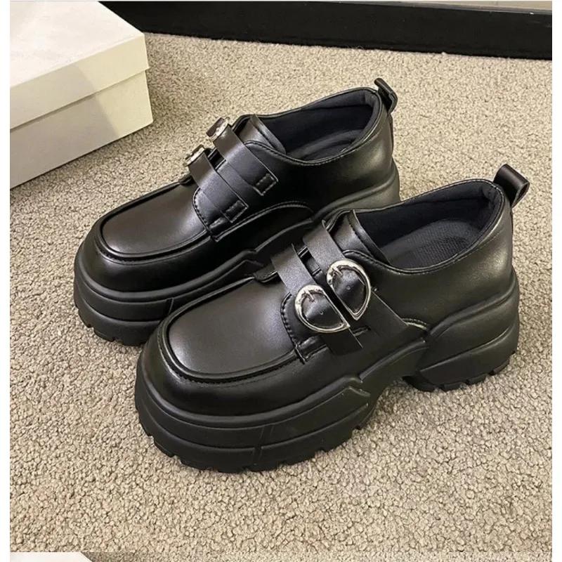 Fashion 2024 Autumn Loafers Women High Platform 7CM Shoes Women's Thick Sole PU Leather British Metal Buckle Simple Mary Jane Shoes