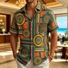 Men's Tribal Style Printed Vacation Shirt, Short Sleeved Shirt With Pockets, Suitable For Vacation Wear And Retro Ethnic Style
