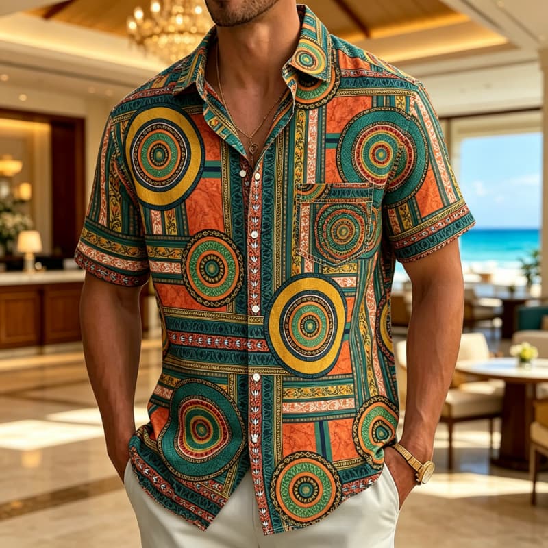Men's Tribal Style Printed Vacation Shirt, Short Sleeved Shirt With Pockets, Suitable For Vacation Wear And Retro Ethnic Style