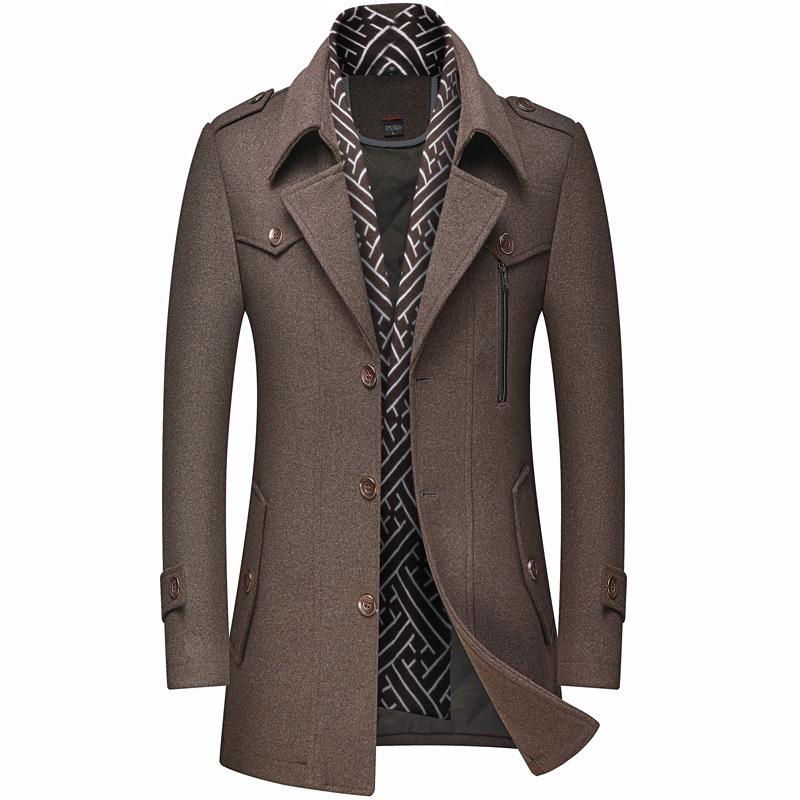 Men's Wool Trench Coat with Scarf Collar, Mid-Length