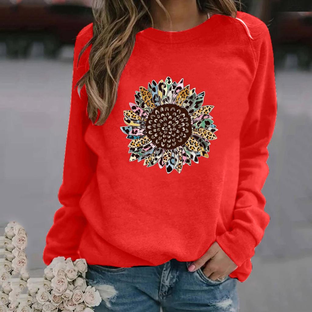 Women's Fashion Casual Print Round Neck Sweater Loose Sports Tops Pullover