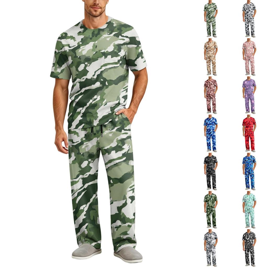 Herren Kurzarm-Schlafanzug-Set mit langer Hose, Schrittknopf und elastischem Kordelzugbund für zu Hause