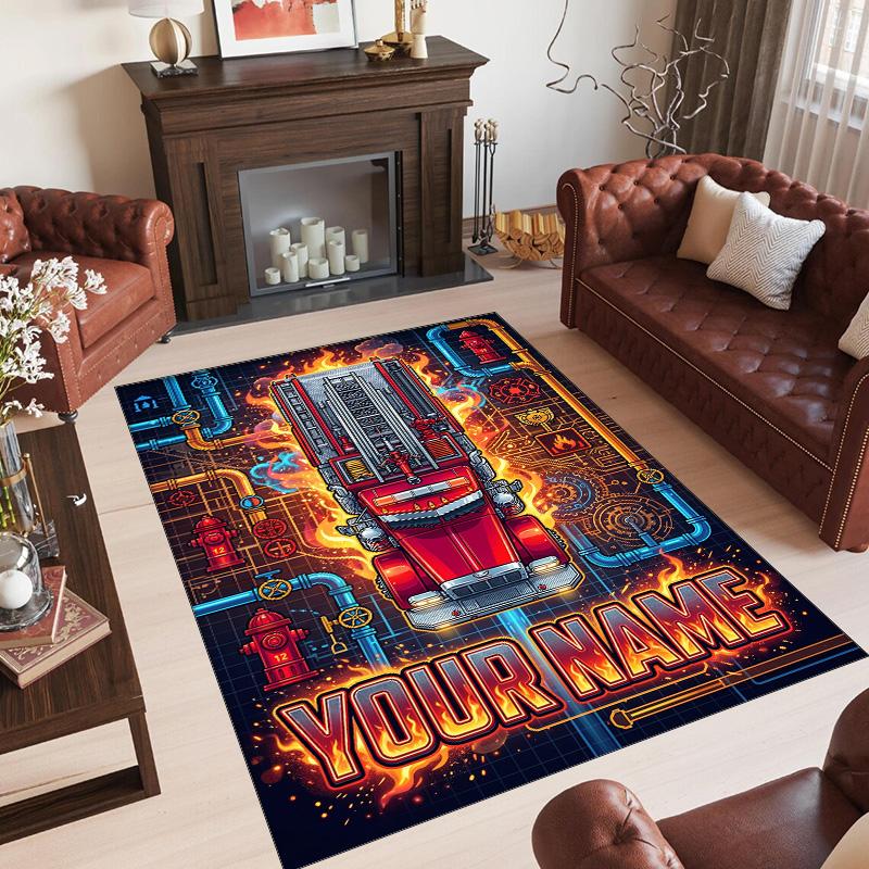 Fire Truck Theme Crystal Velvet Rug Personalized Custom Name Text Soft Floor Mat Home Decor