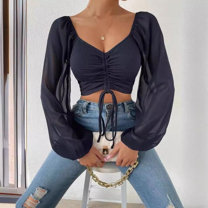 Summer New V-neck Drawstring Chiffon Blouse Women Vintage Lantern Sleeve Slim Fashion Sexy Women's Shirt Tops Elegant Solid Ladies Crop Blouse 25156