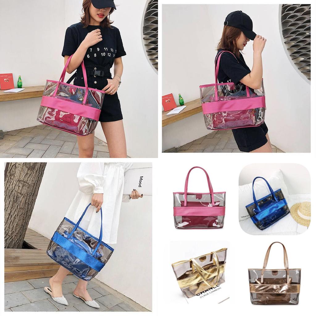 Stylish Pvc Transparent Jelly Beach Bag Waterproof Shoulder Bag In Rose Red Blue Gold Brown