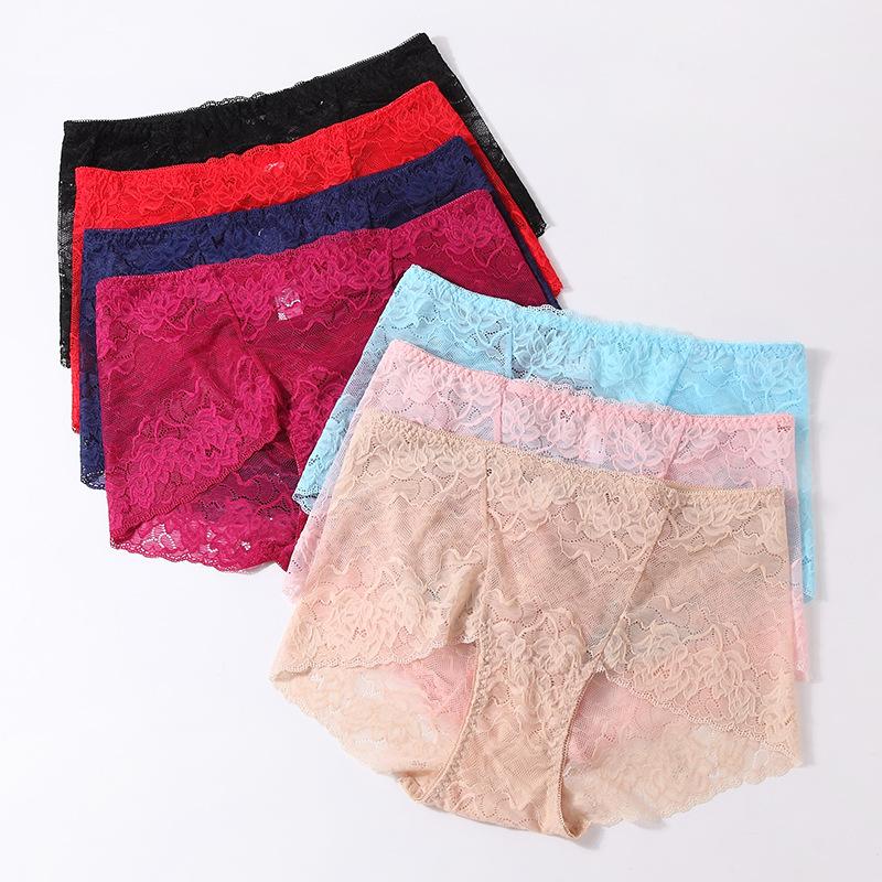 Women's High Waist Lace Boxer Briefs Sheer Mesh Sexy Underwear Breathable Multicolor Panties
