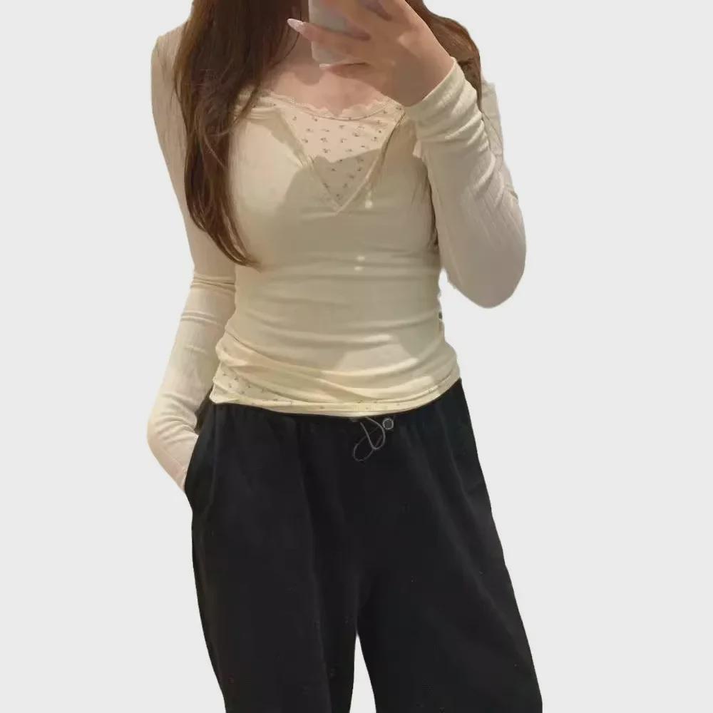 Dam T-shirt med blommig spets för tidig vår med kort topp - Tvådelat set