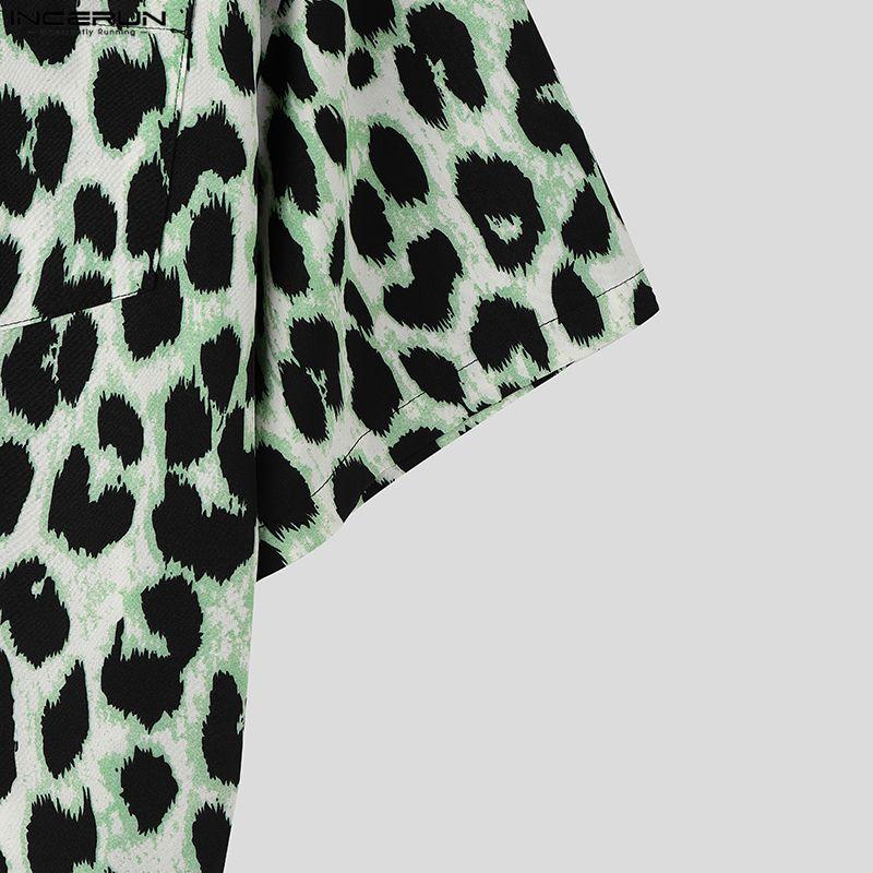 INCERUN Oversized Men's Short Sleeve Lapel Collar Button Up Leopard Print Shirts Tops