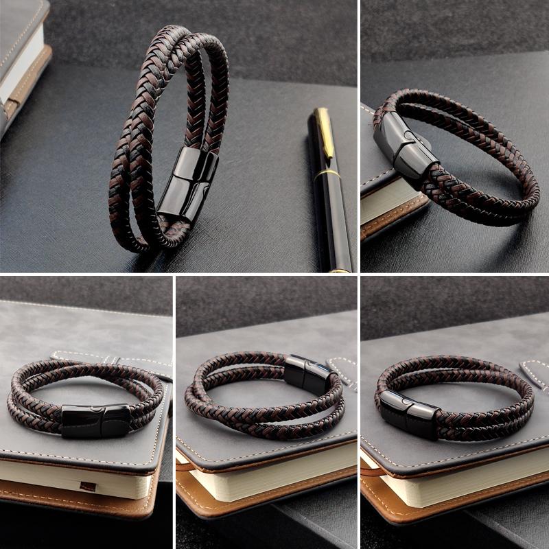 Titanium Steel Bracelet Double Layer Brown Black Leather Braided Rope Man High Quality Stainless Steel Magnetic For Women Gift