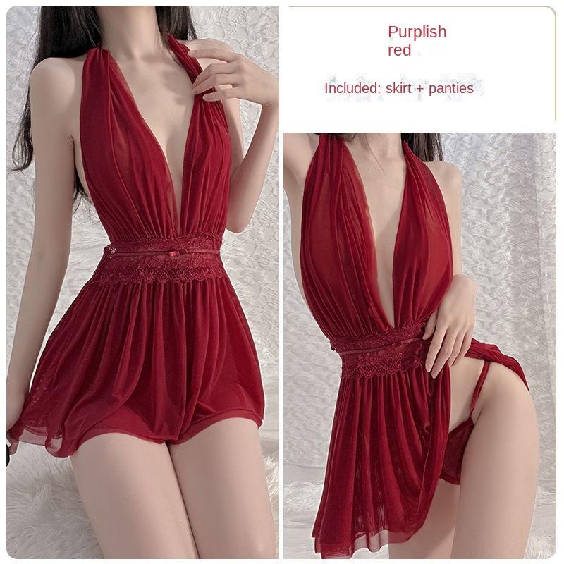 Sexy Backless Transparent Tulle Nightdress Halter Neck Mesh Underwear Nighty for Ladies Sleepwear Fairy Women Lingerie Nightwear