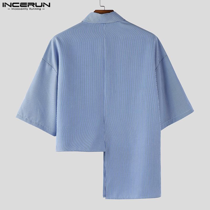 INCERUN Men Lapel Neck Short Sleeve Striped Casual Loose Irregular Cropped Shirts