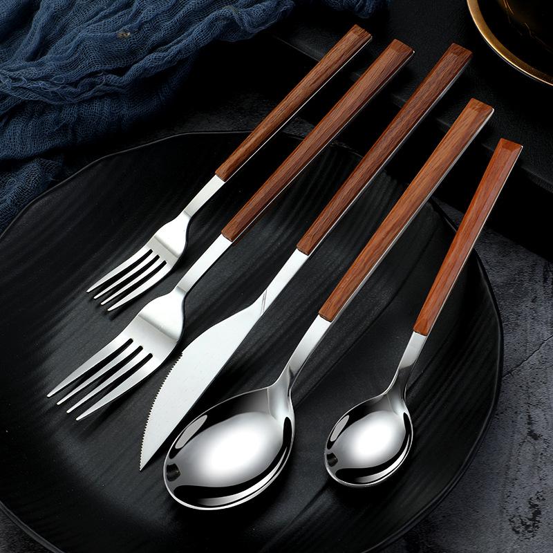Islandqi Stainless Steel Cutlery Set: Korean-Style Wood Grain Handle Knife, Fork, and Spoon for Creative Dining.