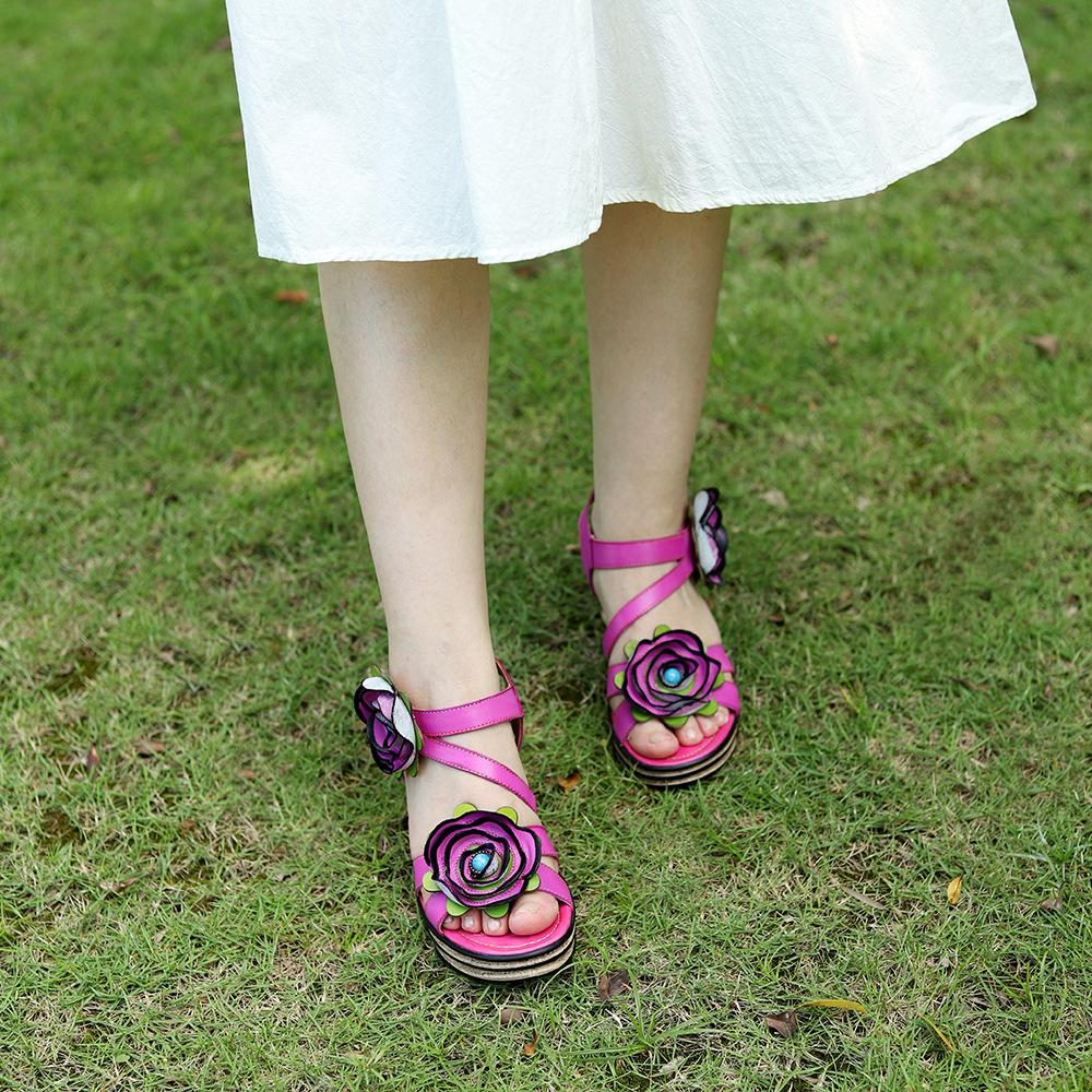 Johnature Vintage-Blumen-bequeme Sommer-Wedges-Sandalen aus echtem Leder, handgefertigt, ethnischer Stil, Damenschuhe
