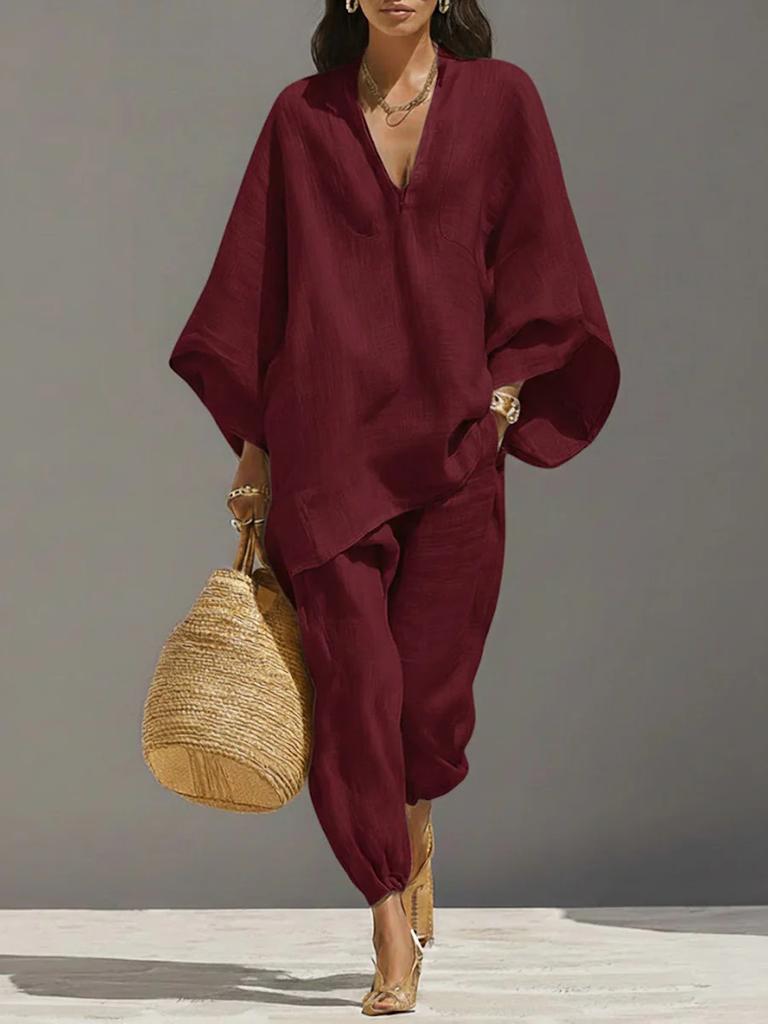 Dames V-hals Vleermuis 3/4 Mouw Losse Pasvorm Twee Delig Set Effen Oversized Shirt Joggingbroek Bijpassende Loungewear Casual Vakantie Outfit