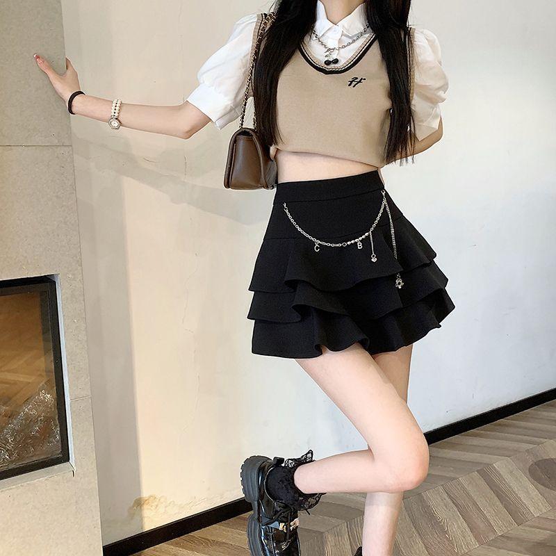 Ruffles Chain Skirt Women High Waist Elegant Mini Skirts Korean Female Slim Sweet Ball Gown Black Skirt