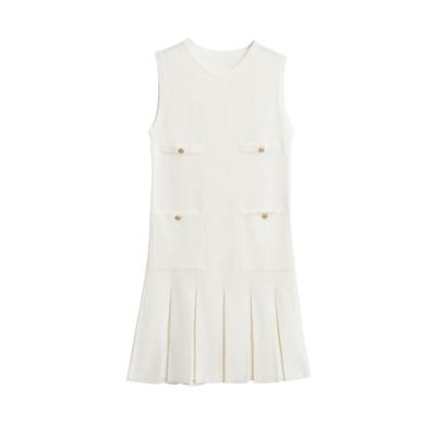 Women Pale Yellow Knitted Pleated Dress Fashion Pockets O-Neck Sleeveless A-line Mini Dress Official