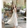 New summer white dress for women, neck, waist folds, thin, pure desire style temperament, big swing dress