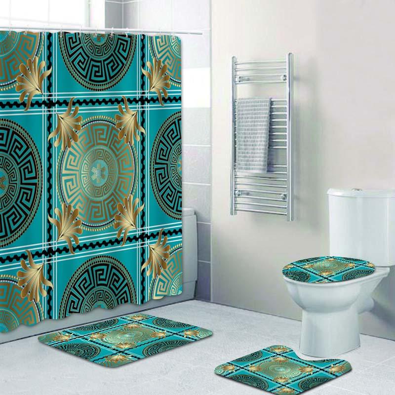 Geometric Grecian Key Meander Mandala Pattern Shower Curtain And Rug Set Abstract Geometric Bathroom Mats Rugs Toilet Decor Mat