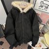 Herren Übergroße Gewaschene Lederjacke mit Pelzkragen und Kapuze Wintermantel