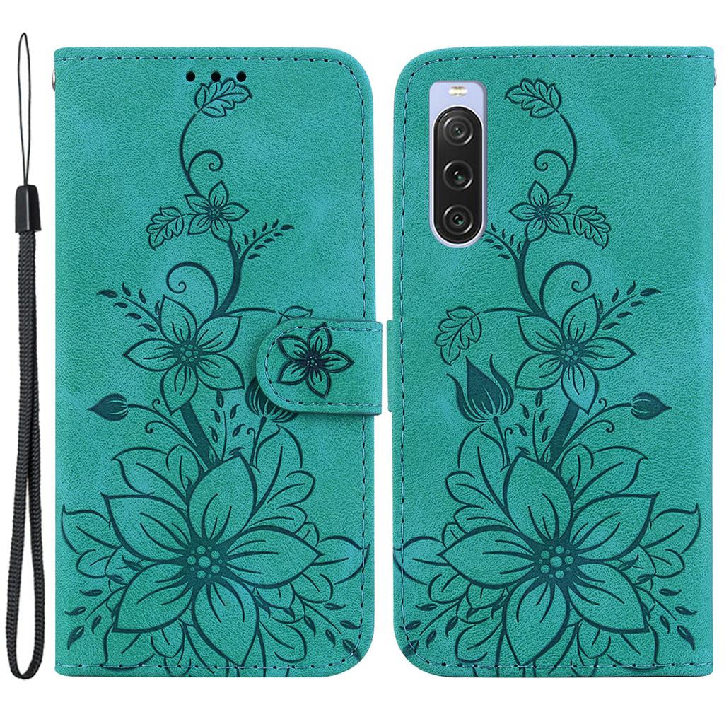 For Sony Xperia 10 V Shockproof PU Leather Phone Case Imprinted Lily Flower Cover Wallet Stand Shell