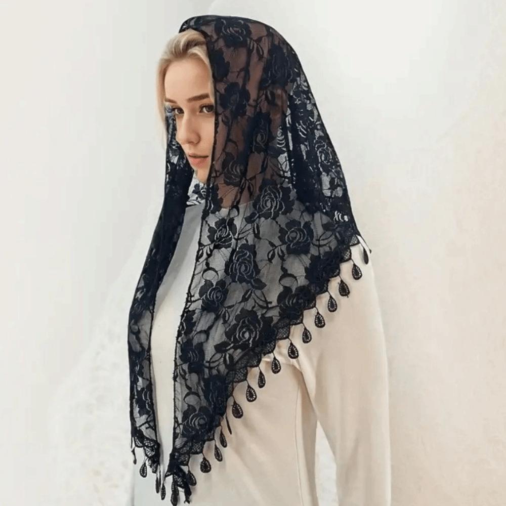 Embroidery Tassels Lace Head Scarf Breathable Headwrap Vintage Bridal Veils Catholic Chapel