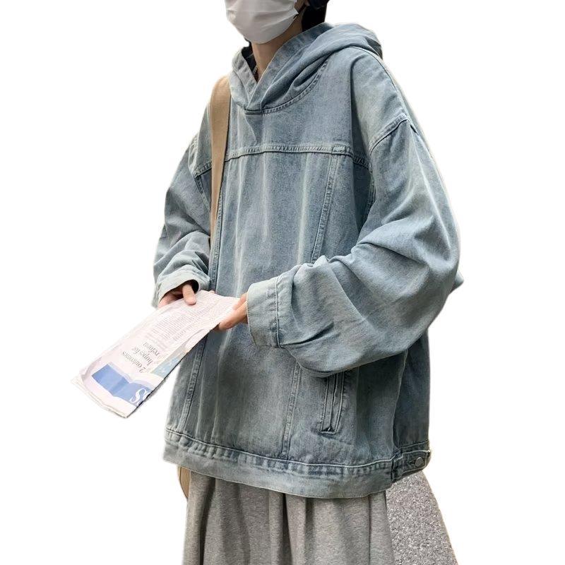 Retro American Washed Denim Hooded Jacket for Couples - Trendy, Loose-Fit Unisex Design