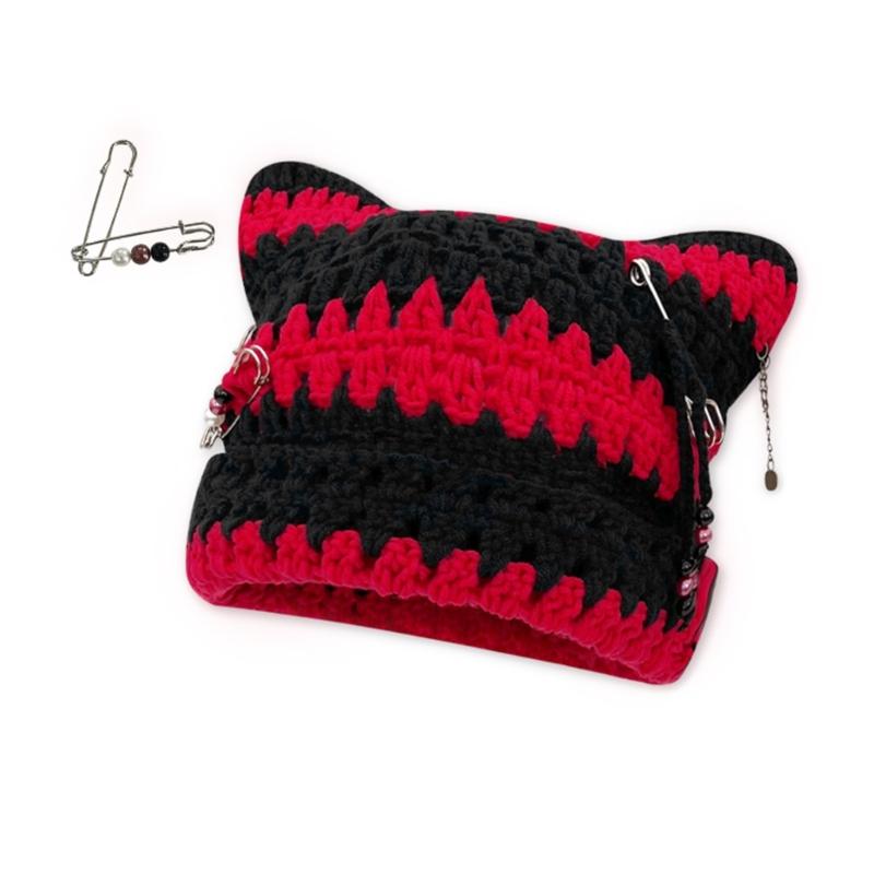 

Handmade Cat Ear Shape Knitted Hat Ear Protecting Winter Driving Hat for Girls червоний/чорний