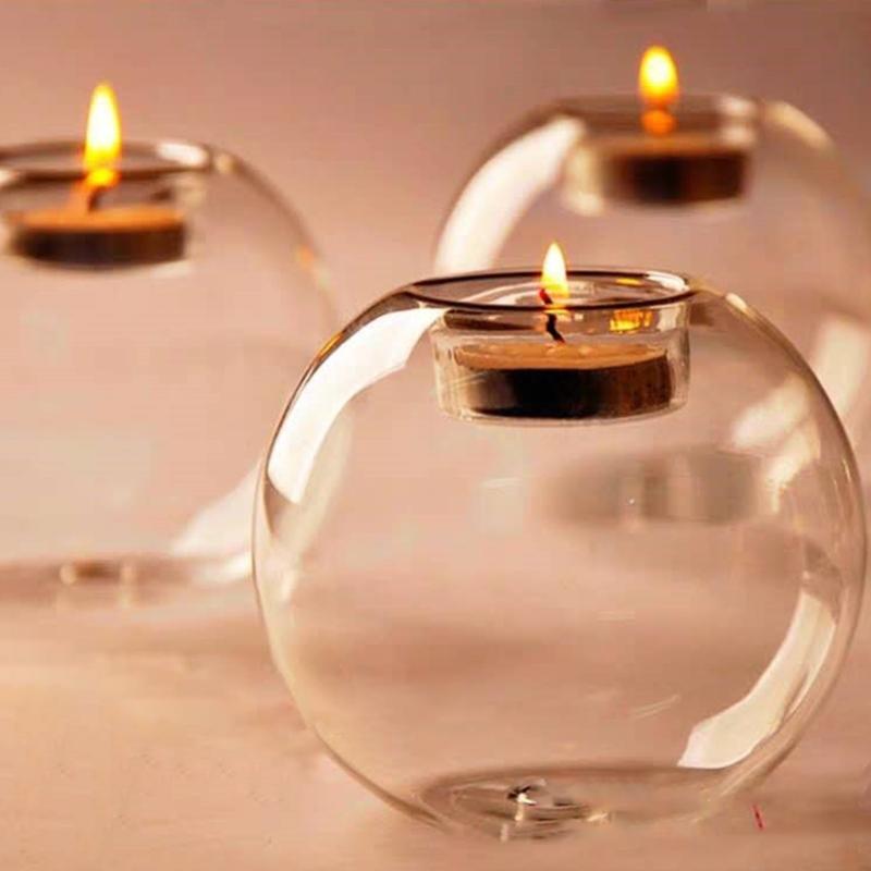 Round Glass Candle Holder Transparent Candlestick Ornaments Home Bar Decorations