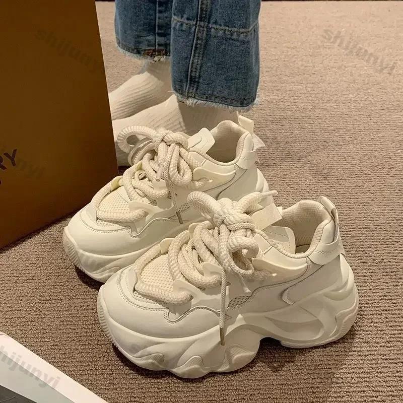Tênis Plataforma Tratorada Feminino Moda Outono Tênis Esportivo Casual de Malha Respirável Feminino Solado Grosso Vulcanizado