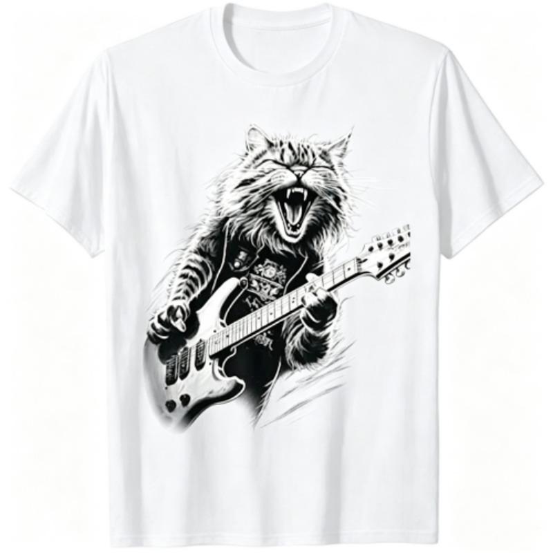 Fun Rock Guitarist Cat Pattern Print Men's T-shirt Summer Men's and Women's Casual Fashion Tops Men's Short Sleeve T-shirt Oversize Clothing